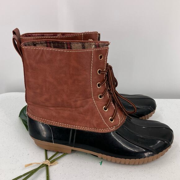Adriana Brown Black Tan Red Plaid Flannel Lined Lace Up Duck Winter Rain Boots - Picture 4 of 11